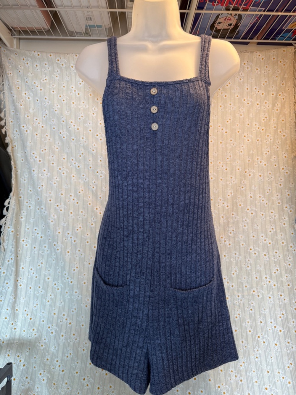 Blue Knit Romper Dress with Front Buttons